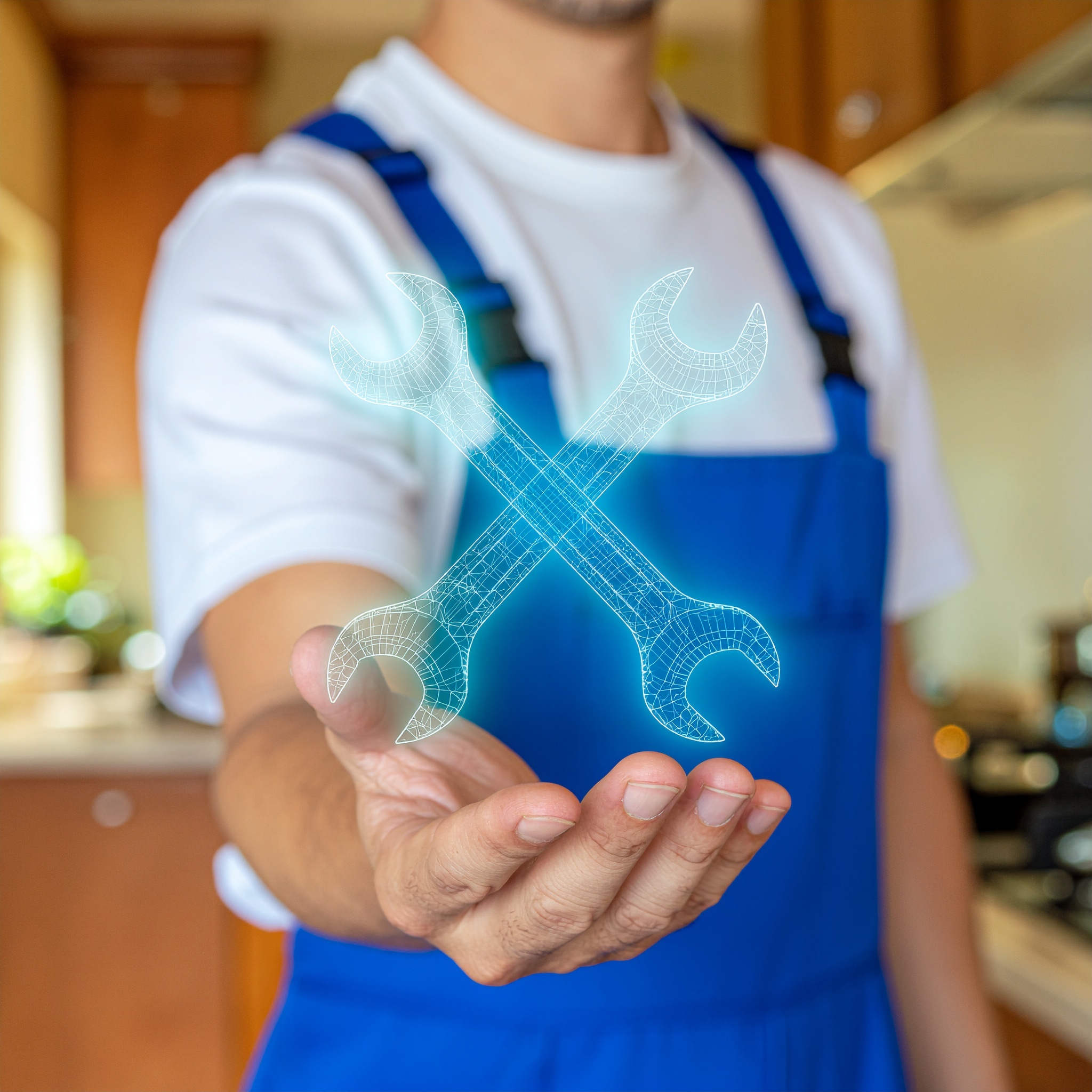 Handwerker mit Hologramm-Schraubenschl&uuml;ssel